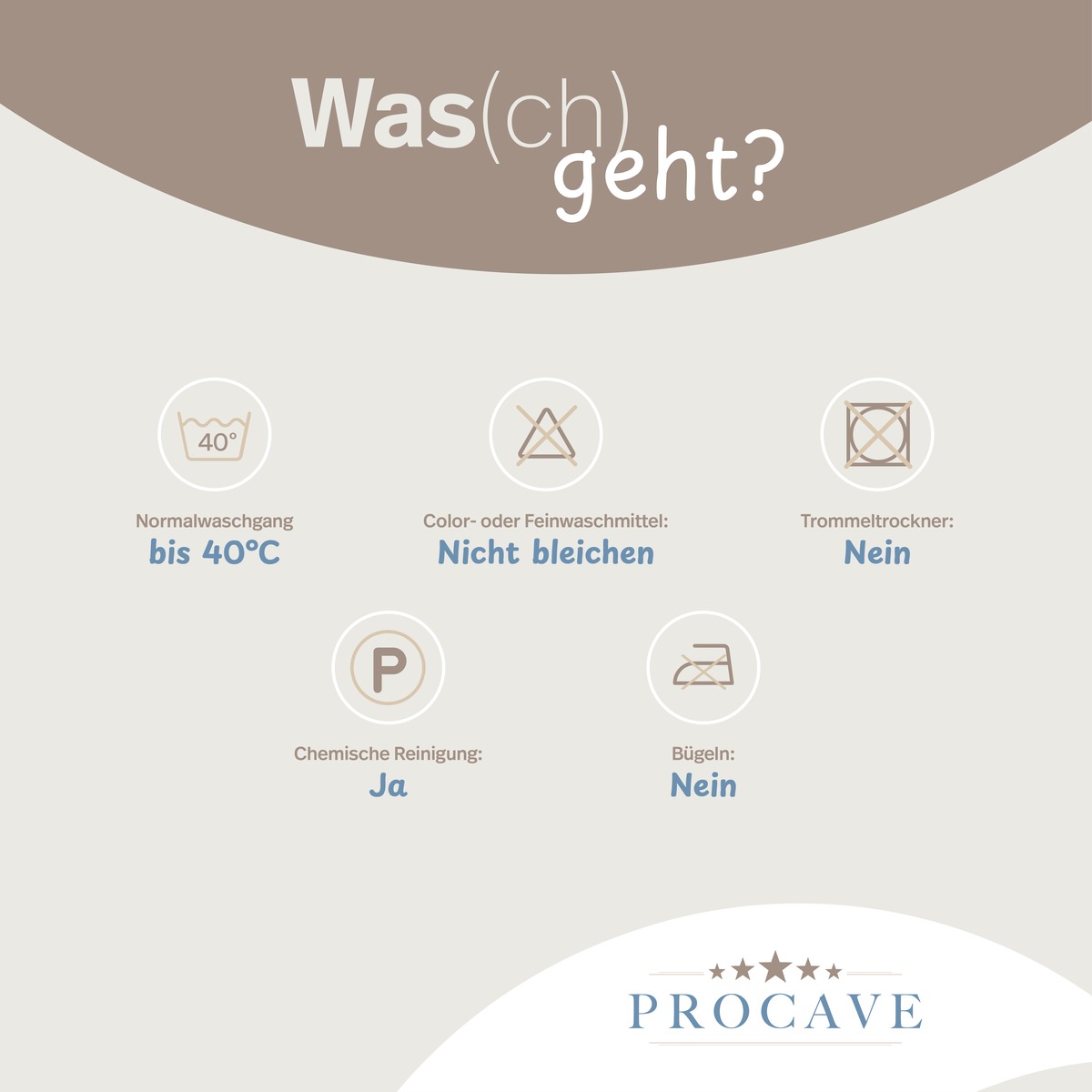 PROCAVE Dinkelkissen Pflegeinfografik: Bezug waschbar bis 40 &deg;C, kein Bleichen, kein Trockner, chemische Reinigung m&ouml;glich, kein B&uuml;geln
