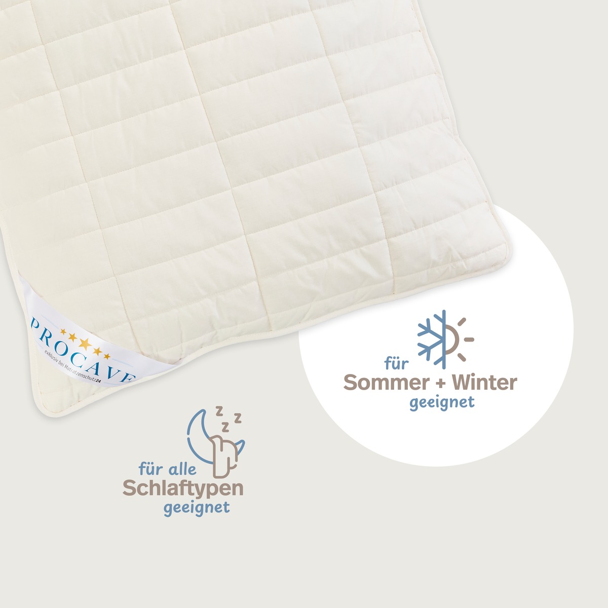 PROCAVE NATUR Schurwolle Kopfkissen mit Zirben-Sp&auml;ne &mdash; Infografik: f&uuml;r alle Schlaftypen geeignet, f&uuml;r Sommer und Winter geeignet