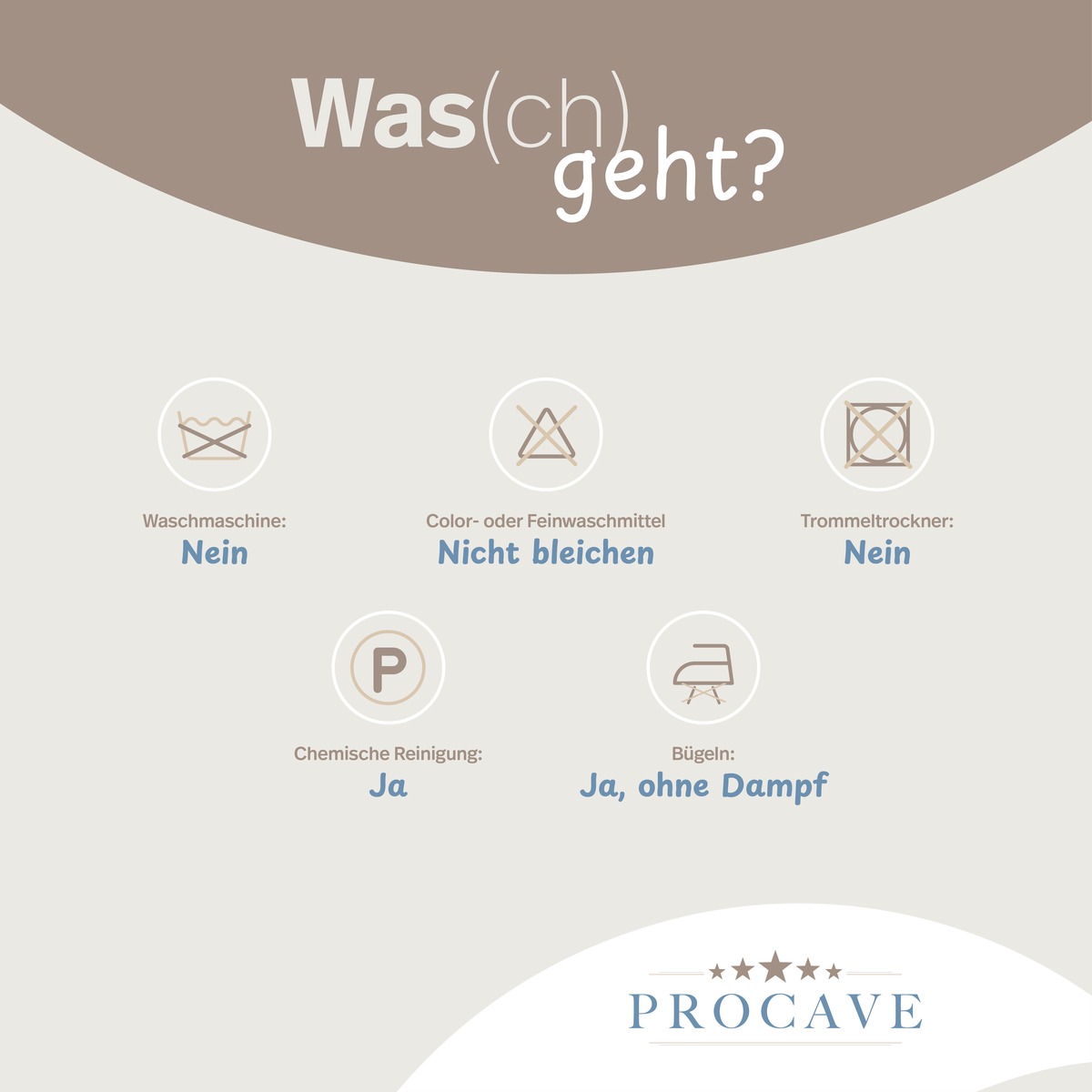 PROCAVE Matratzenschoner NATUR Lammflor Pflegesymbole &mdash; Waschmaschine: Nein, Trockner: Nein, Chemische Reinigung: Ja, B&uuml;geln: Ja ohne Dampf