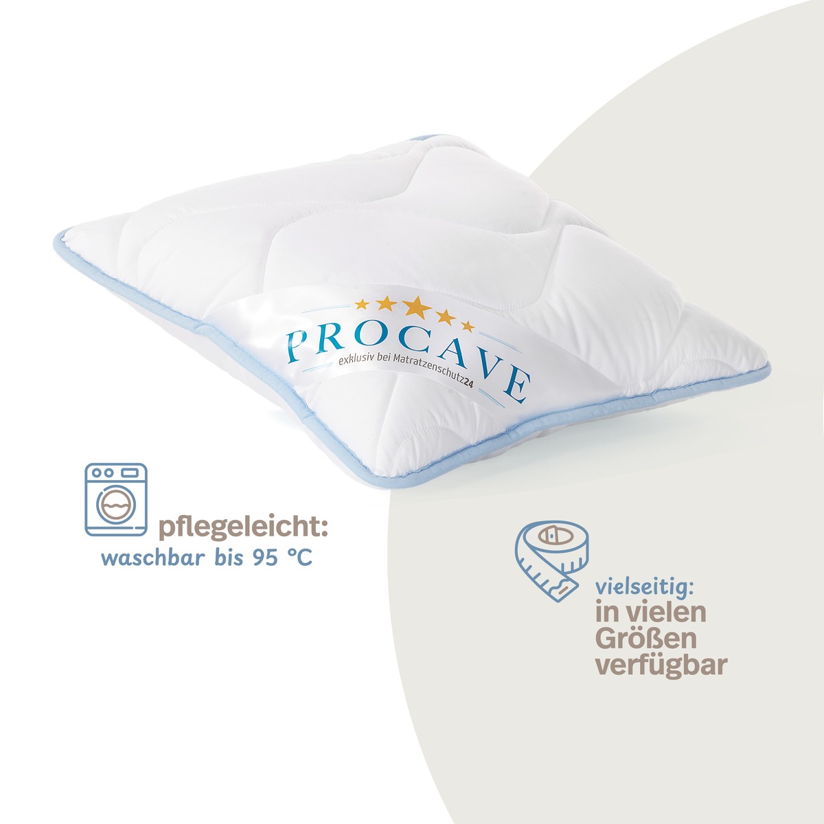 PROCAVE TopCool Qualit&auml;ts-Stepp-Kopfkissen &mdash; Infografik: pflegeleicht waschbar bis 95&deg;C, vielseitig in vielen Gr&ouml;&szlig;en verf&uuml;gbar