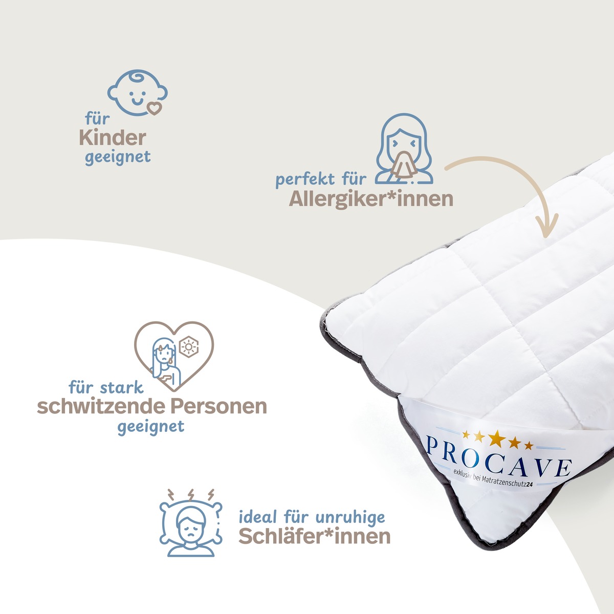 PROCAVE OBJEKT Kopfkissen kochfest in Hotel-Qualit&auml;t &mdash; Infografik: f&uuml;r Kinder geeignet, perfekt f&uuml;r Allergiker*innen, f&uuml;r stark schwitzende Personen, ideal f&uuml;r unruhige Schl&auml;fer*innen