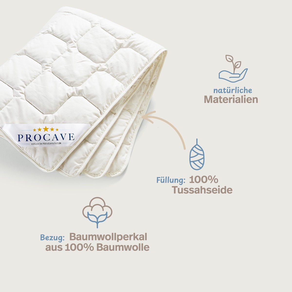 PROCAVE Wildseide Exquisit Qualit&auml;ts-Bettdecke f&uuml;r den Sommer &mdash; Infografik: F&uuml;llung 100% Tussahseide, Bezug Baumwollperkal aus 100% Baumwolle, nat&uuml;rliche Materialien