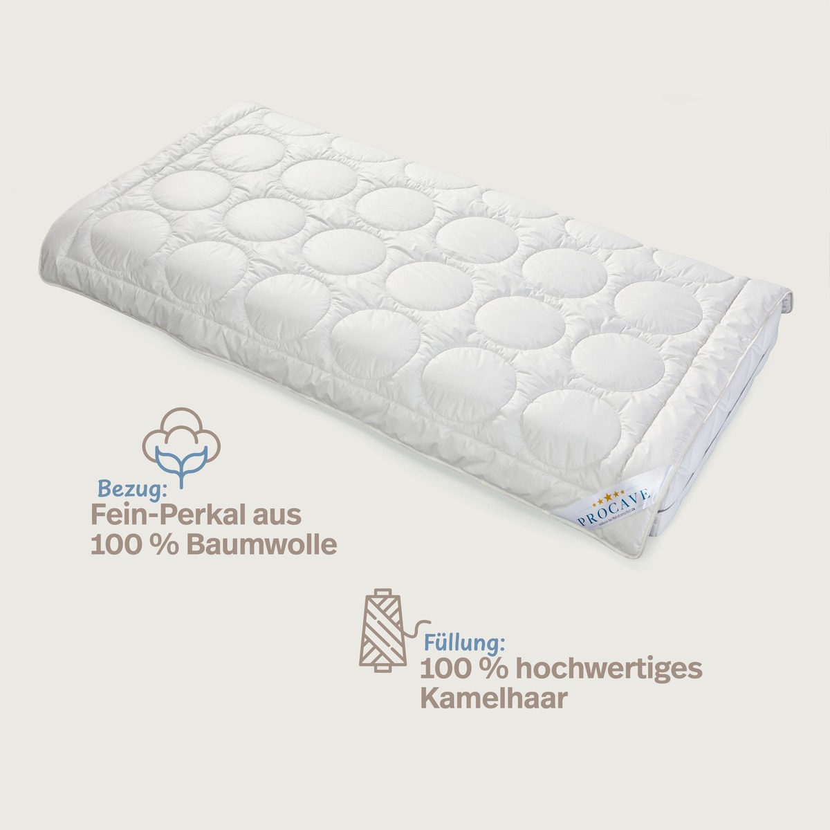 PROCAVE NATUR Kamelhaar Exquisit Winterbettdecke &mdash; Infografik: Bezug aus Fein-Perkal aus 100 % Baumwolle, F&uuml;llung aus 100 % hochwertigem Kamelhaar