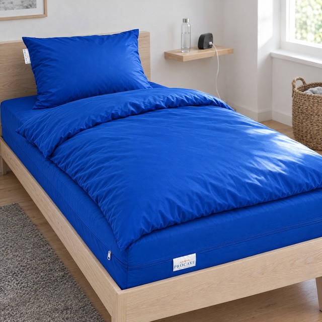 Bett im Schlafzimmer mit blauem wasserdichtem Matratzenbezug, Bettdeckenbezug und Kissenbezug als Inkontinenz-Set