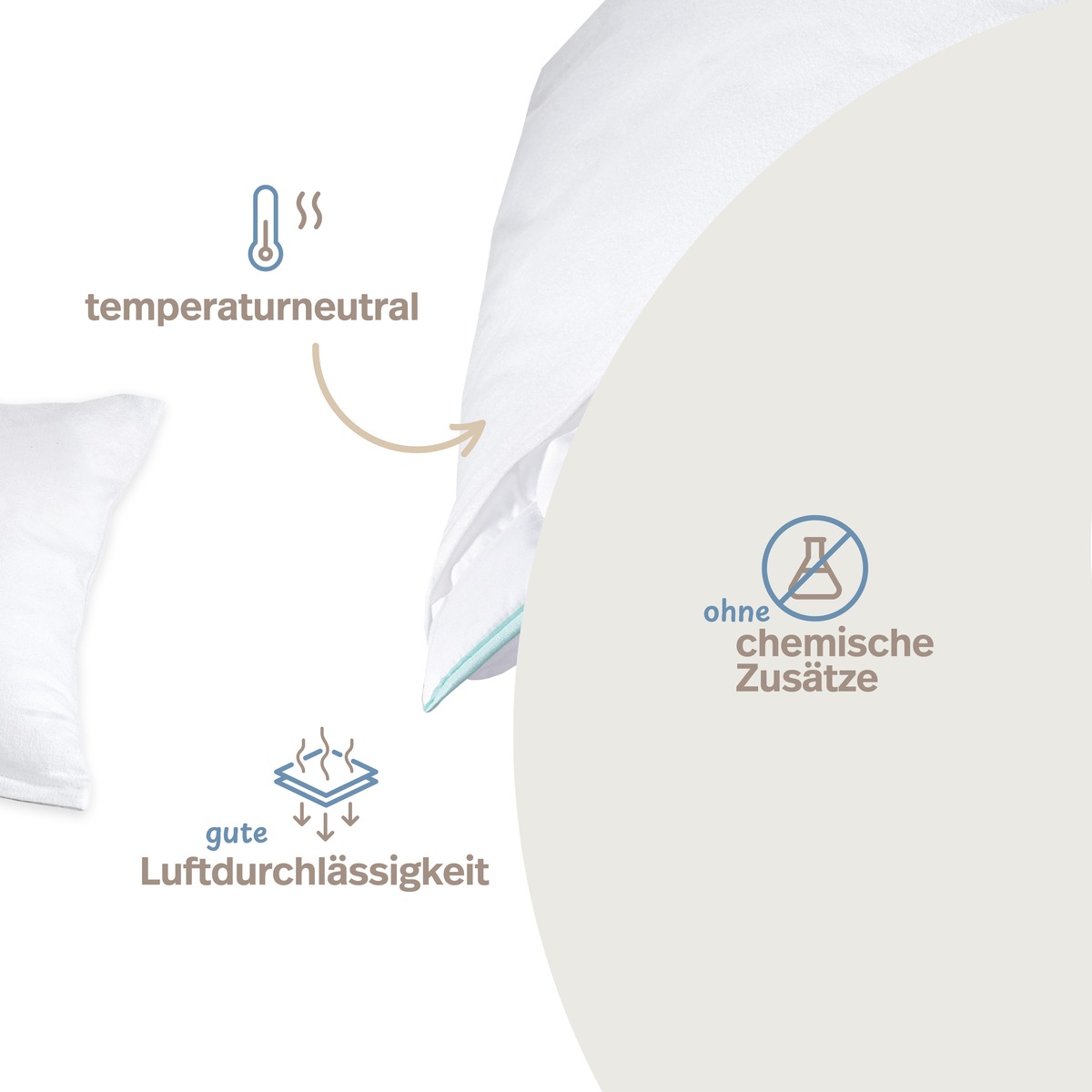 PROCAVE Feinflanell Schutzbezug f&uuml;r Kissen &mdash; Infografik: samtweiche Oberfl&auml;che, 100% reine Baumwolle