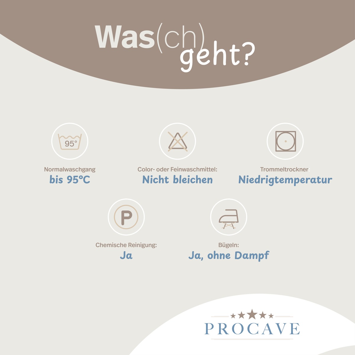 PROCAVE Stillkissen mit TopCool-Kissenbezug &mdash; Pflegesymbole: W&auml;sche bis 95 &deg;C im Normalwaschgang, nicht bleichen, Trommeltrockner bei Niedrigtemperatur, chemische Reinigung m&ouml;glich, B&uuml;geln ohne Dampf