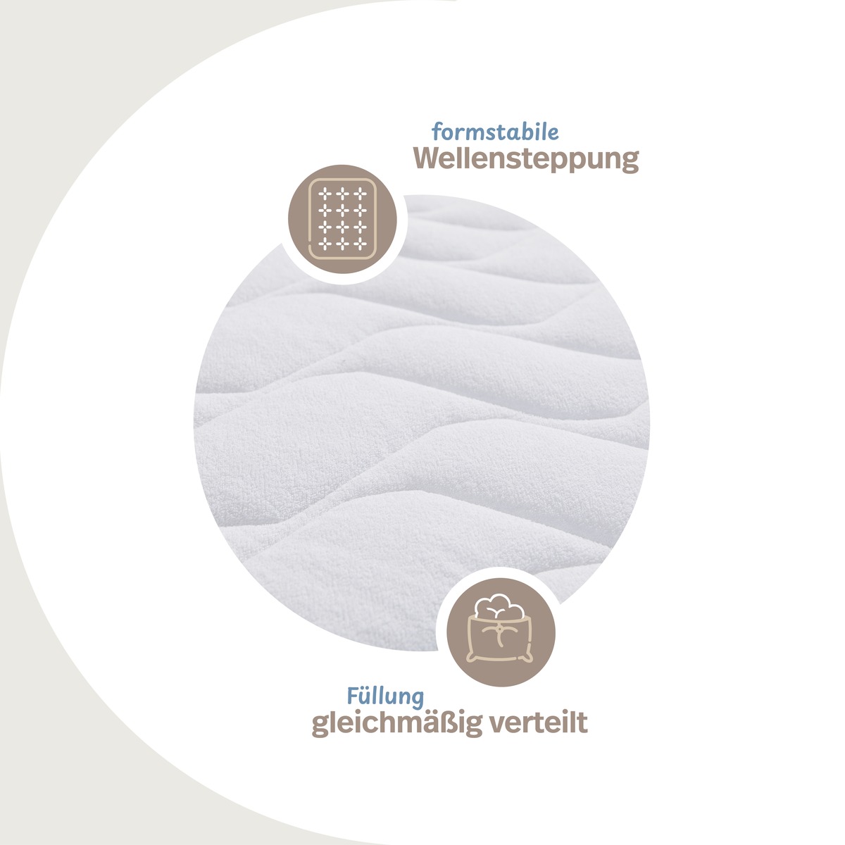 PROCAVE leichtes Wendeunterbett Frottee Baumwolle mit 4 Eckgummis &mdash; Detailaufnahme der formstabilen Wellensteppung mit gleichm&auml;&szlig;ig verteilter F&uuml;llung