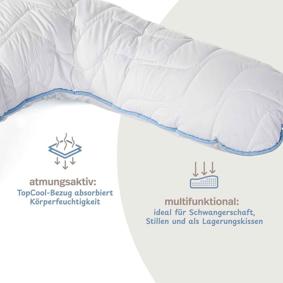 PROCAVE Stillkissen mit TopCool-Kissenbezug &mdash; Infografik: atmungsaktiver TopCool-Bezug absorbiert K&ouml;rperfeuchtigkeit, multifunktional f&uuml;r Schwangerschaft, Stillen und als Lagerungskissen