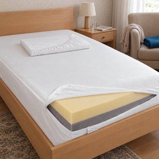 Premium Pflegematratze auf einem Bett mit geöffnetem wasserdichtem Bezug, Visco-Auflage auf grauem Kaltschaumkern und gefaltetem Spannbettlaken
