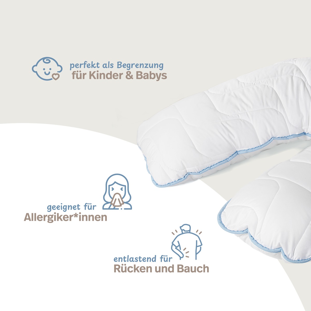 PROCAVE Stillkissen mit TopCool-Kissenbezug &mdash; Infografik: perfekt als Begrenzung f&uuml;r Kinder und Babys, geeignet f&uuml;r Allergiker*innen, entlastend f&uuml;r R&uuml;cken und Bauch