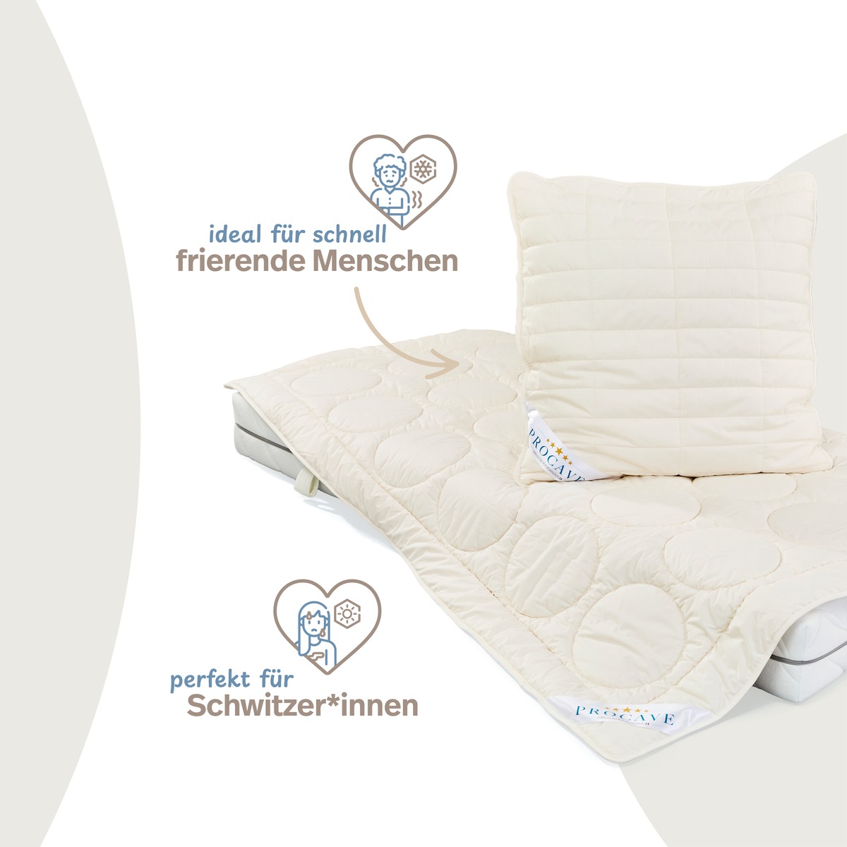 PROCAVE NATUR Schurwolle Kopfkissen mit Zirben-Sp&auml;ne &mdash; Kopfkissen und Naturdecke auf dem Bett: ideal f&uuml;r schnell frierende Menschen, perfekt f&uuml;r Schwitzer*innen