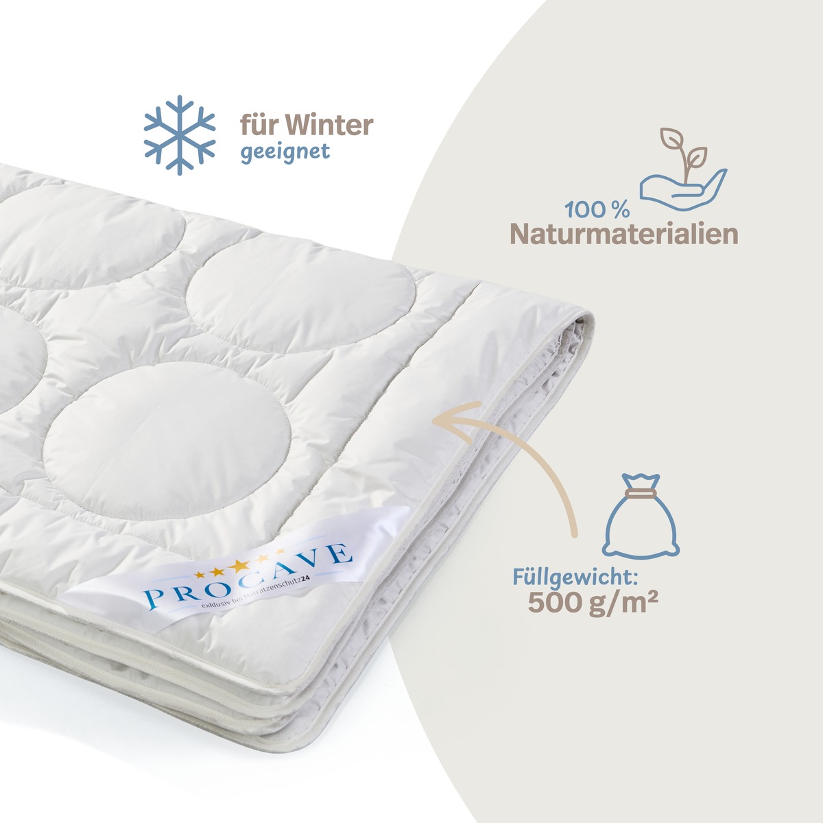PROCAVE NATUR Kamelhaar Exquisit Winterbettdecke &mdash; Infografik: f&uuml;r Winter geeignet, 100 % Naturmaterialien, F&uuml;llgewicht 500 g/m&sup2;