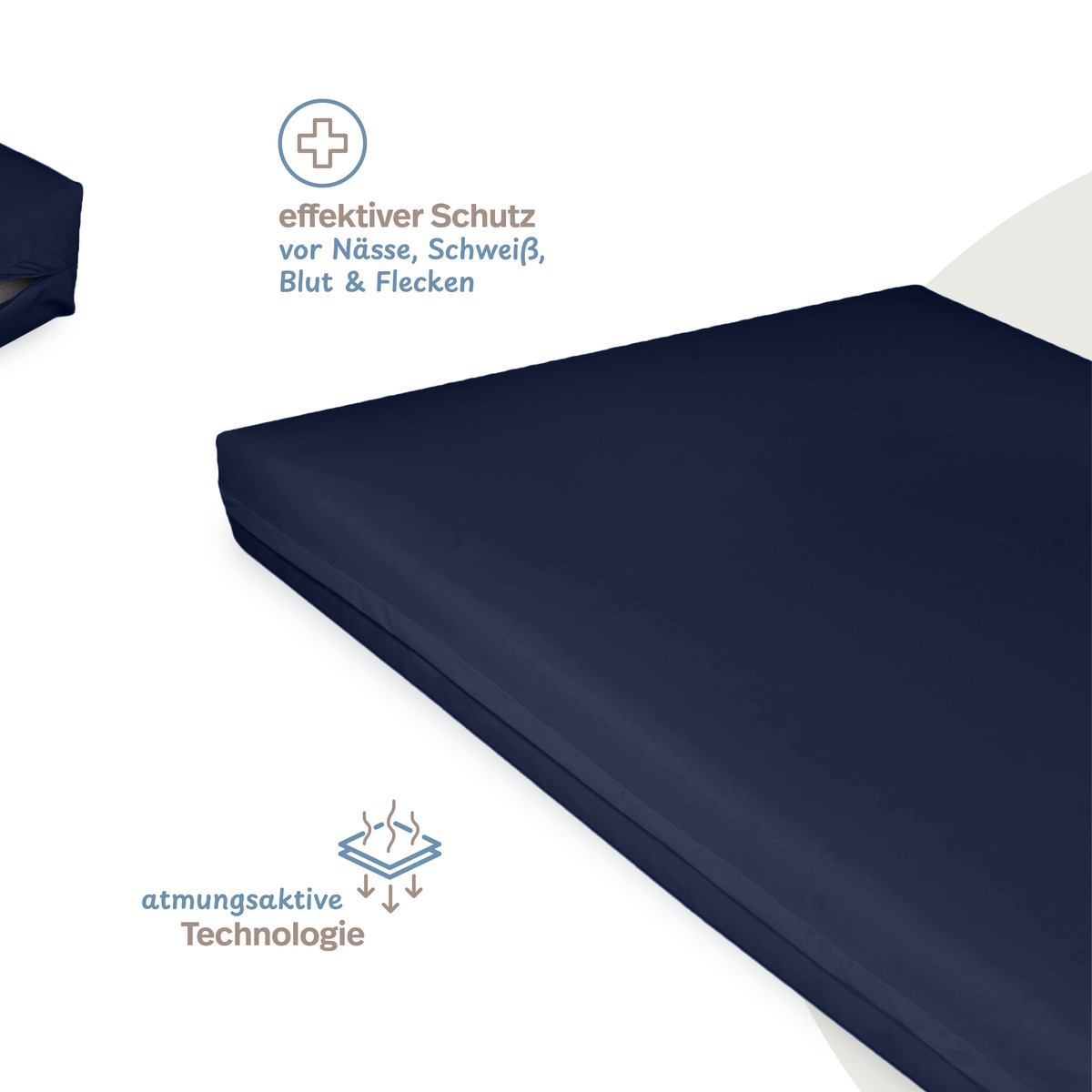 PROCAVE Pflegematratze mit Kaltschaumkern und wasserdichtem Bezug in Dunkelblau &mdash; Infografik: effektiver Schutz vor N&auml;sse und Flecken, atmungsaktive Technologie, Matratze von oben in Dunkelblau
