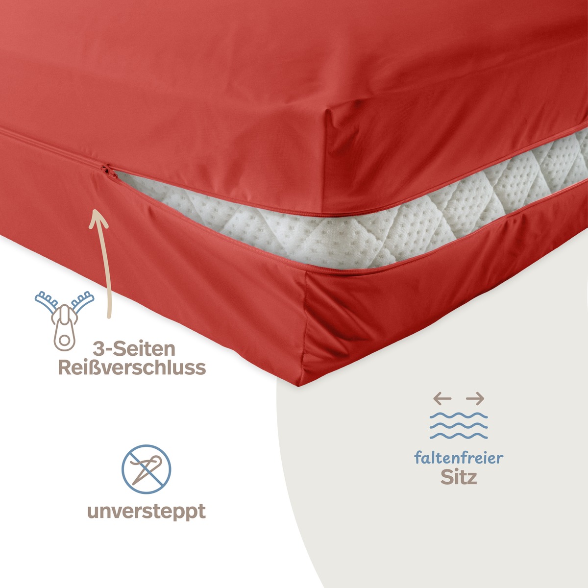 PROCAVE unversteppter Matratzenbezug in Rot &mdash; Rei&szlig;verschluss-Details, unversteppt, faltenfreier Sitz