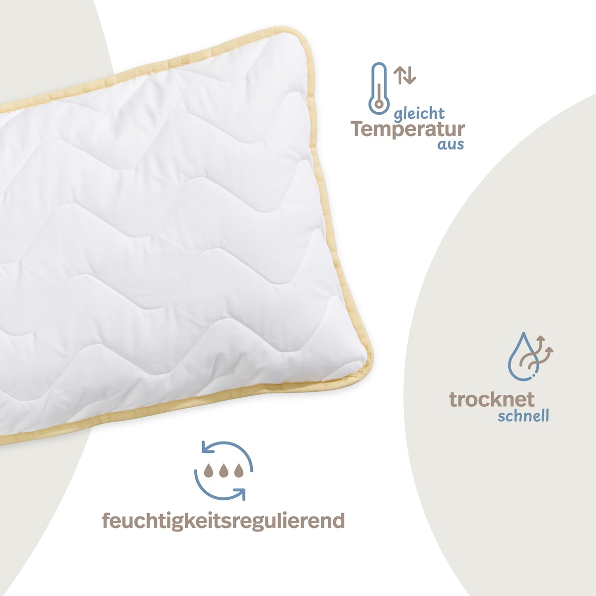 PROCAVE Tencel Qualitäts-Kopfkissen Infografik — gleicht Temperatur aus, feuchtigkeitsregulierend, trocknet schnell