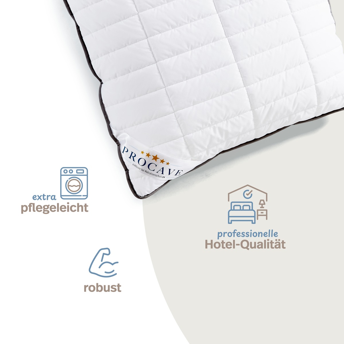 PROCAVE OBJEKT Kopfkissen kochfest in Hotel-Qualit&auml;t &mdash; Infografik: extra pflegeleicht, robust, professionelle Hotel-Qualit&auml;t