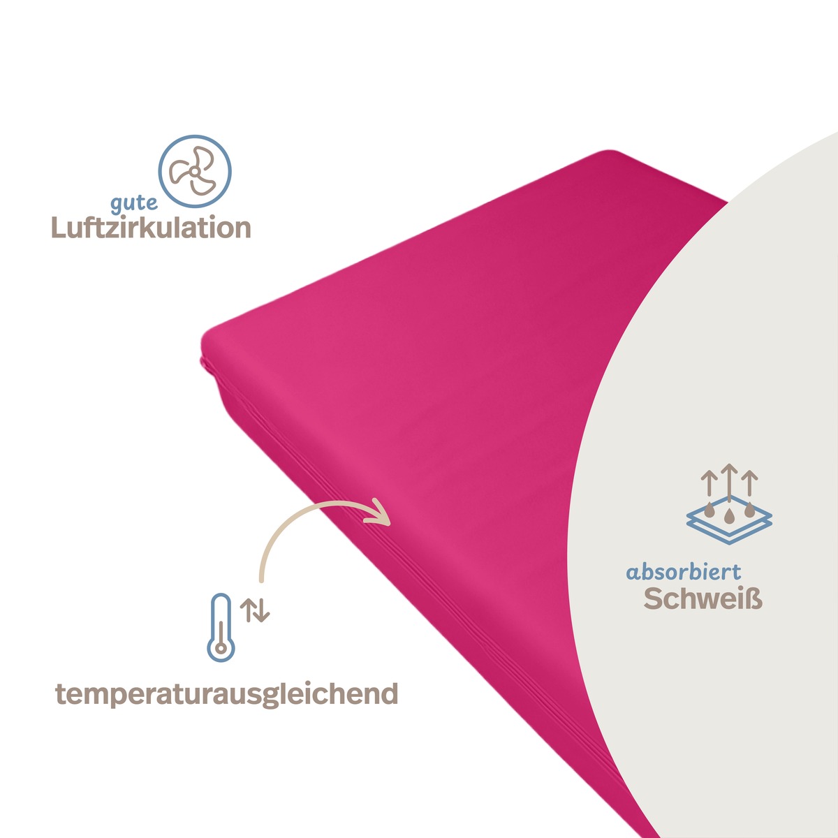 PROCAVE unversteppter Matratzenbezug in Pink &mdash; Infografik: gute Luftzirkulation, temperaturausgleichend, absorbiert Schwei&szlig;