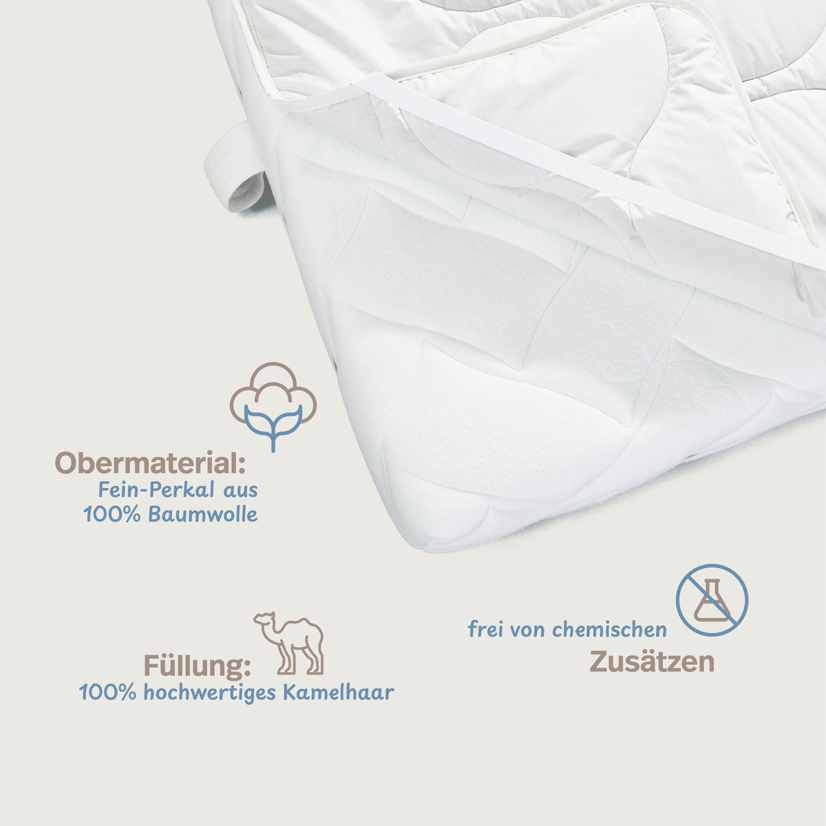 PROCAVE Matratzenschoner NATUR Kamelhaar &mdash; Infografik: Obermaterial Fein-Perkal aus 100 % Baumwolle, F&uuml;llung aus 100 % hochwertigem Kamelhaar, frei von chemischen Zus&auml;tzen