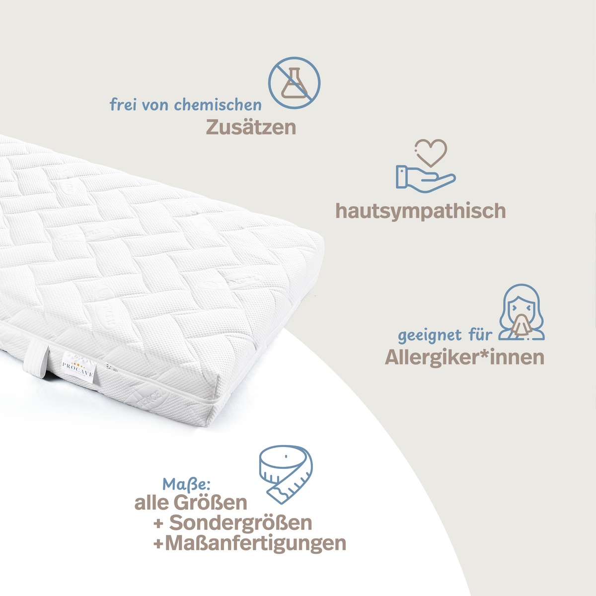 PROCAVE Lyocell Matratzenbezug versteppt Infografik &mdash; frei von chemischen Zus&auml;tzen, hautsympathisch, geeignet f&uuml;r Allergiker*innen, alle Gr&ouml;&szlig;en und Sondergr&ouml;&szlig;en erh&auml;ltlich