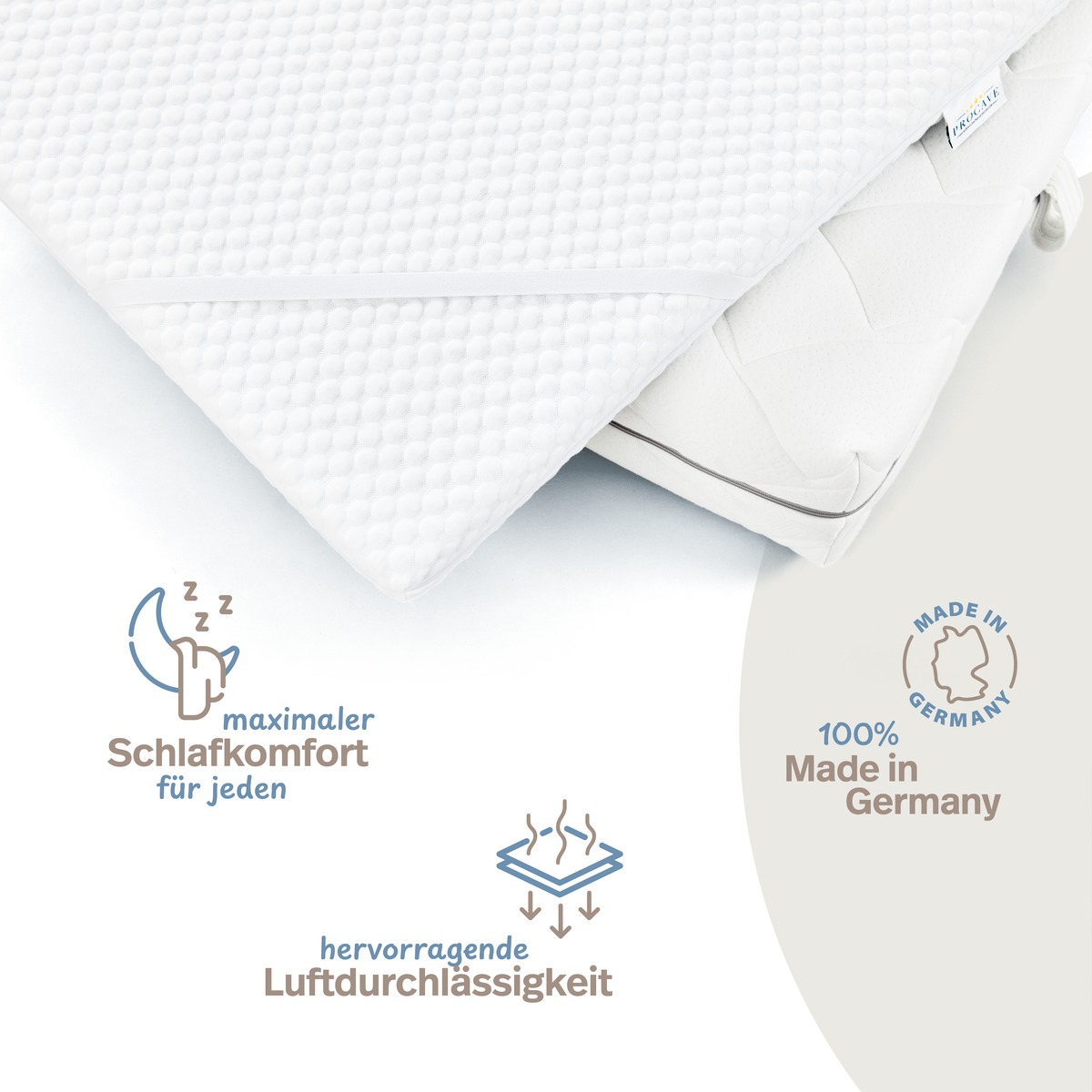 PROCAVE Kaltschaumtopper Classic &mdash; Infografik zeigt Schlafkomfort-Merkmale: maximaler Schlafkomfort f&uuml;r jeden, hervorragende Luftdurchl&auml;ssigkeit, Made in Germany
