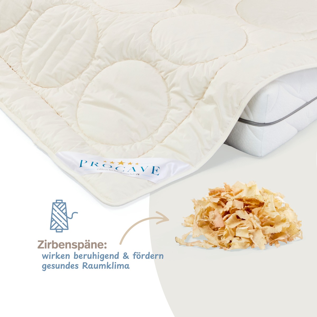 PROCAVE NATUR Schurwolle Ganzjahresdecke mit Zirben-Sp&auml;ne &mdash; Infografik: Zirbensp&auml;ne wirken beruhigend und f&ouml;rdern ein gesundes Raumklima