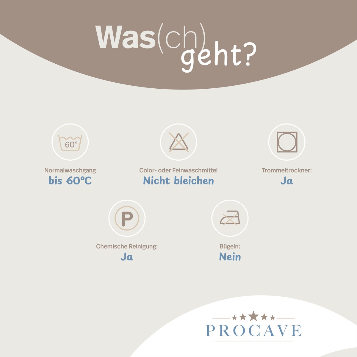PROCAVE Gelschaum Matratzen-Topper mit Noppen-Doppeltuch-Matratzenbezug &mdash; Pflegeinfografik: Normalwaschgang bis 60 &deg;C, nicht bleichen, Trockner Ja, Chemische Reinigung Ja, B&uuml;geln Nein