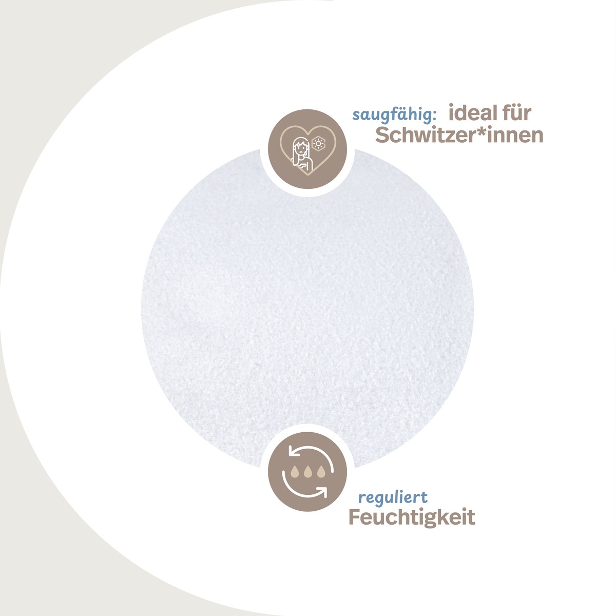 PROCAVE Feinflanell Schutzbezug f&uuml;r Kissen &mdash; Infografik: saugf&auml;hig ideal f&uuml;r Schwitzer*innen, reguliert Feuchtigkeit