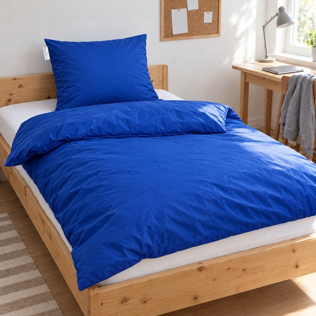 Bett im Schlafzimmer mit blauem wasserdichtem Bettdeckenbezug und Kissenbezug als Inkontinenz-Bettwäsche