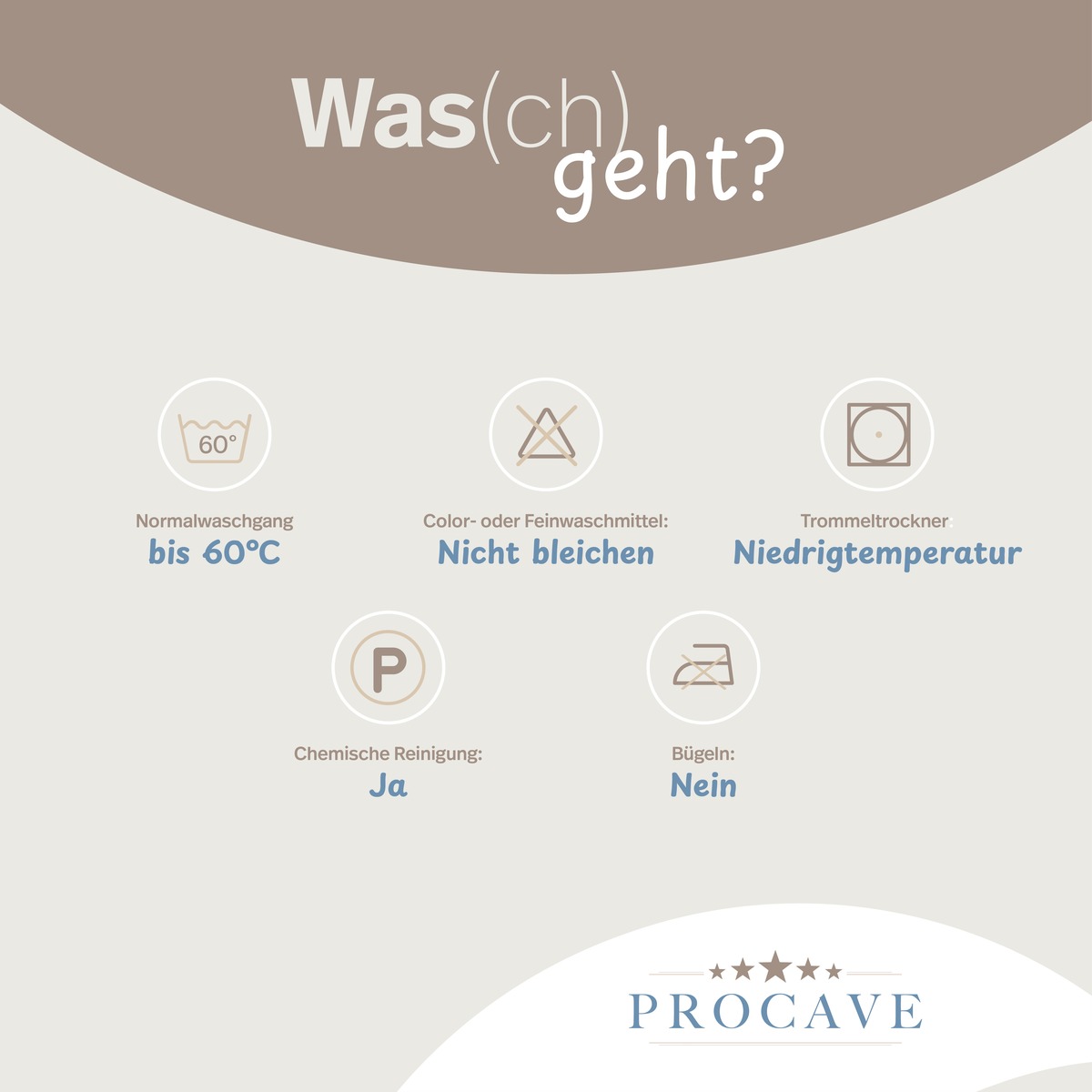 PROCAVE Feinflanell Schutzbezug f&uuml;r Seitenschl&auml;ferkissen &mdash; Pflegesymbole: Normalwaschgang bis 60 &deg;C, kein Bleichen, Niedrigtemperatur-Trockner, chemische Reinigung ja, B&uuml;geln nein