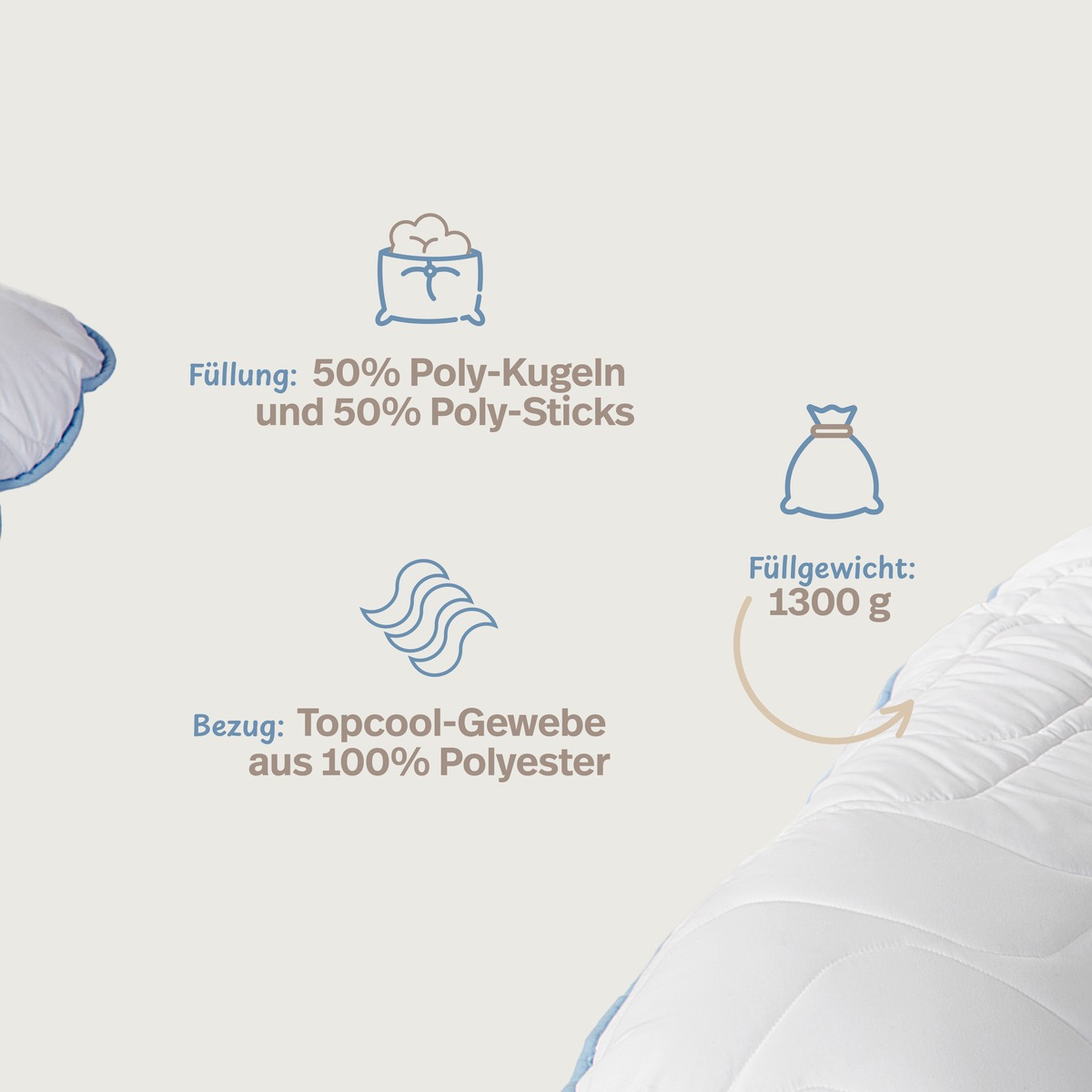 PROCAVE Stillkissen mit TopCool-Kissenbezug &mdash; Infografik: F&uuml;llung aus 50 % Polyester-Faserkugeln und 50 % Polyurethan-Schaum-Sticks, Bezug aus TopCool-Gewebe, F&uuml;llgewicht 1.300 g