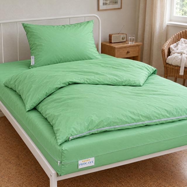 Bett im Schlafzimmer mit grünem wasserdichtem Matratzenbezug, Bettdeckenbezug und Kissenbezug als Inkontinenz-Set