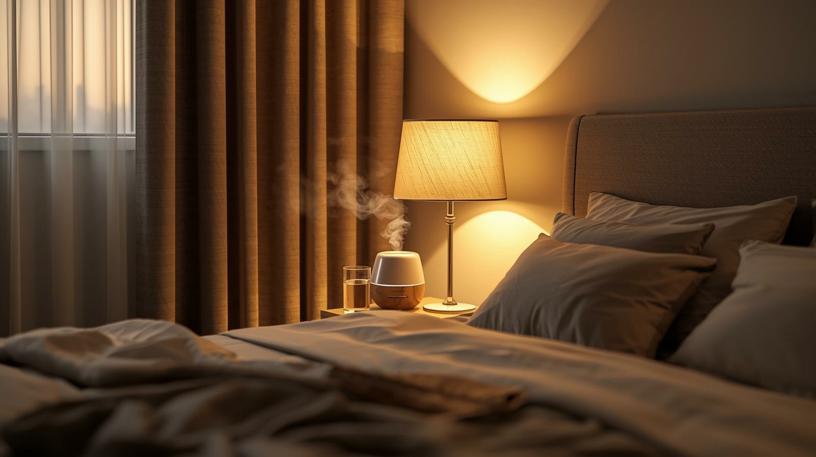 Ruhiges Schlafzimmer am Abend mit Luftbefeuchter f&uuml;r ein gutes Schlafklima