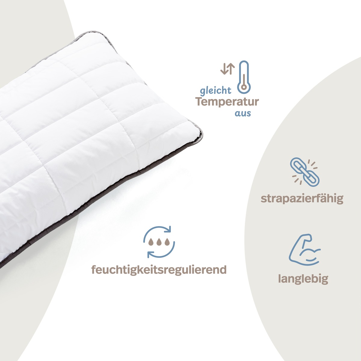 PROCAVE OBJEKT Kopfkissen kochfest in Hotel-Qualit&auml;t &mdash; Infografik: gleicht Temperatur aus, feuchtigkeitsregulierend, strapazierf&auml;hig, langlebig