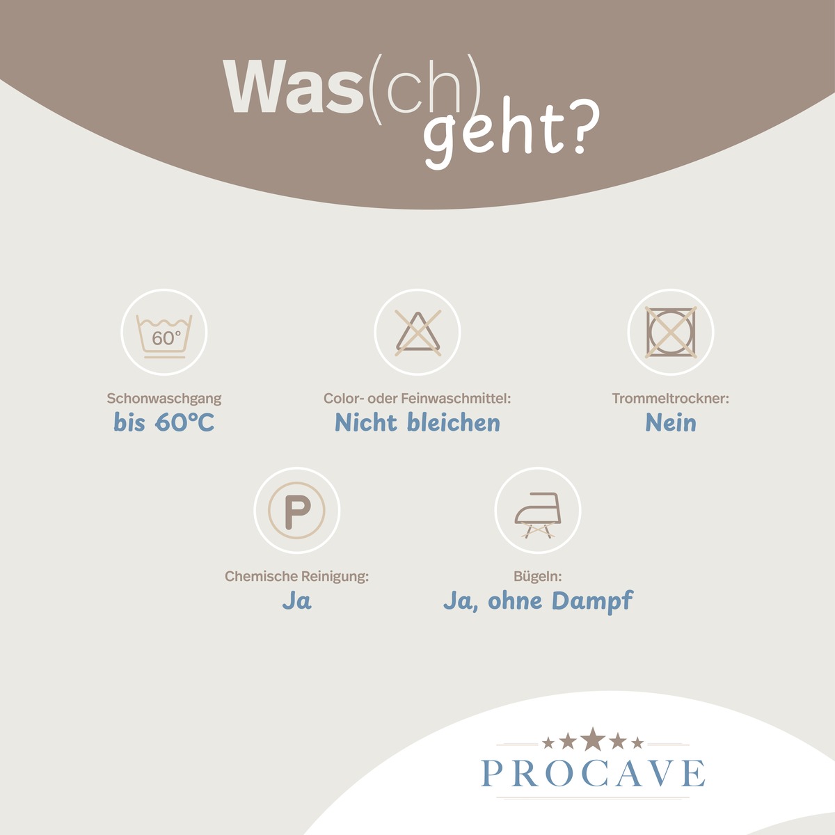 PROCAVE ELLI Wendematratze &mdash; Pflegesymbole: Schonwaschgang bis 60 &deg;C, nicht bleichen, kein Trockner, Chemische Reinigung ja, B&uuml;geln ja ohne Dampf
